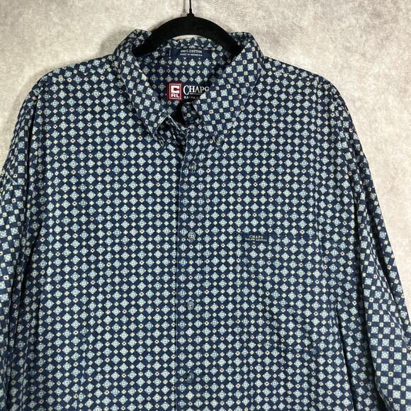 Vintage Chaps Ralph Lauren Shirt Mens 2XLT Blue Geometric Button Up Long Sleeves - Picture 2 of 8